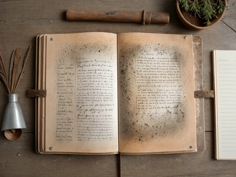 Primer plano de un cuaderno de recetas escrito a mano con hojas secas prensadas.