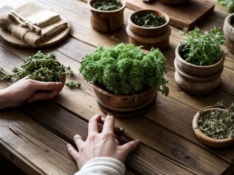 Manos identificando plantas medicinales frescas sobre una mesa de madera rústica