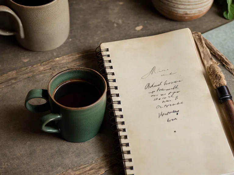 Primer plano de un cuaderno de recetas antiguo con manchas de uso y hojas de hierbabuena fresca.