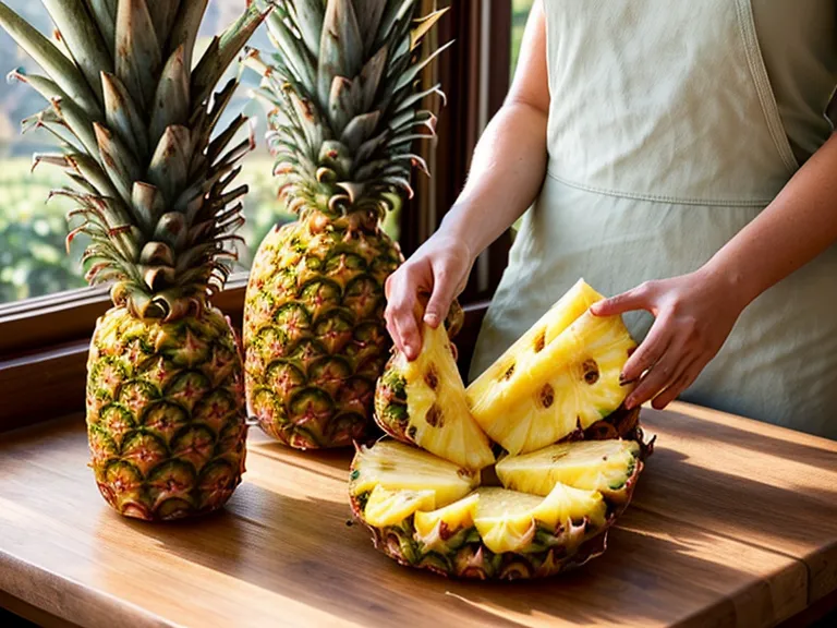Manos preparando piña y hierbabuena en una tabla de madera en una cocina rural.