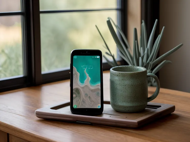 Un teléfono móvil con un curso digital junto a una taza de barro y hierbas secas.