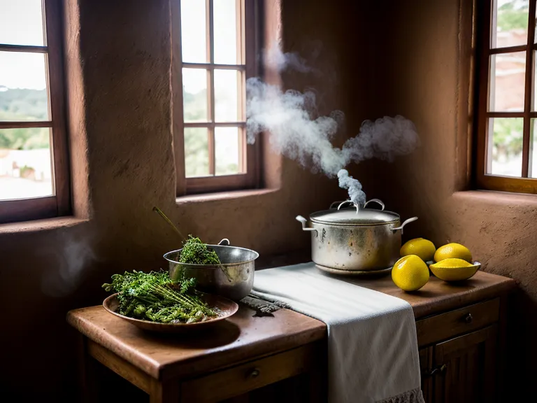 Una olleta humeante preparando infusión de poleo y malva en la estufa.