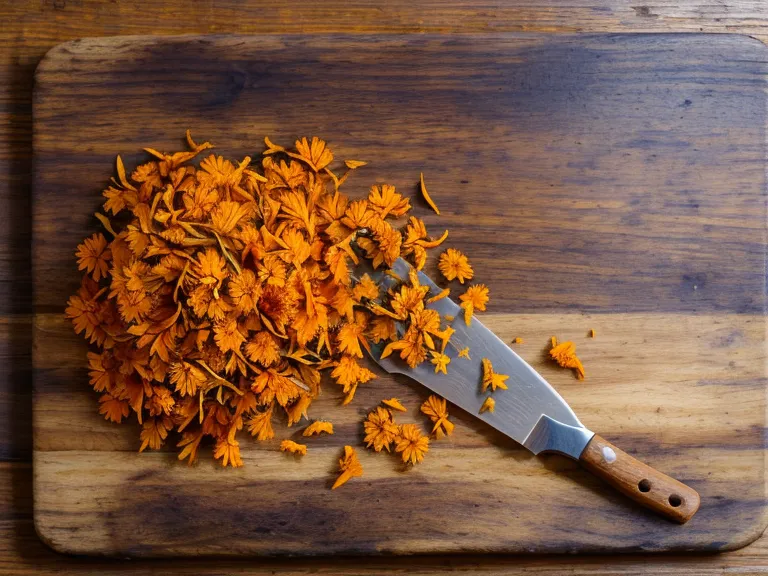 Flores de caléndula y hojas de hierbabuena fresca sobre una tabla de madera
