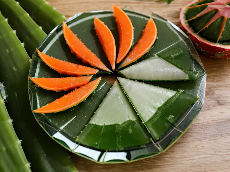 Cristal de sábila recién cortado junto a una tajada de papaya madura